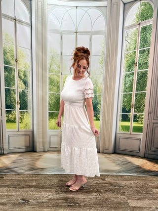Lace Ruched White Ruffle Dress