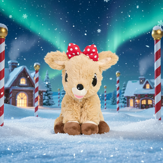 Plush deer toy with a red bow in a snowy landscape with northern lights and candy cane poles.