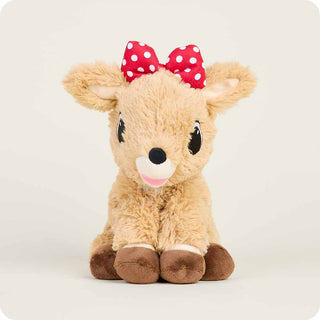 Plush deer toy with a red bow on a white background