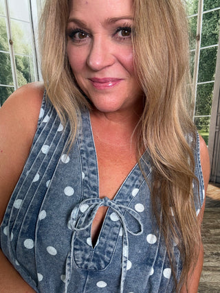 Polka Dot Sky Blue Denim Romper