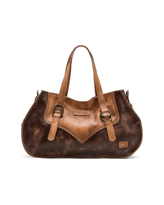 A brown distressed leather shoulder bag with tan leather handles and a V-shaped front detail, shown on a plain white background.