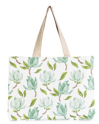 Tote bag with green leaf pattern on a white background