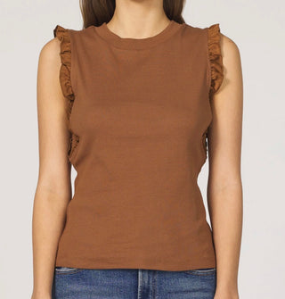 Brown tank top with suede ruffles on sleeves