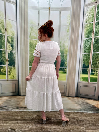 Lace Ruched White Ruffle Dress