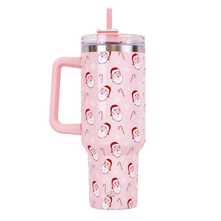 Pink tumbler with Santa Claus pattern on a white background