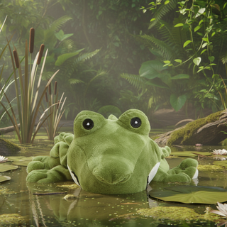 Green alligator plush toy in a pond with a natural background