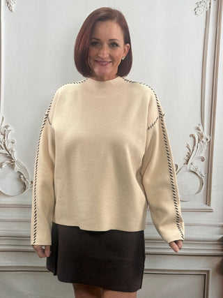 Beige Sweater W/Brown Piping
