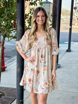 Nude Babydoll Floral Print Dress