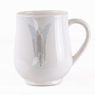 White mug with angel wings design on a white background