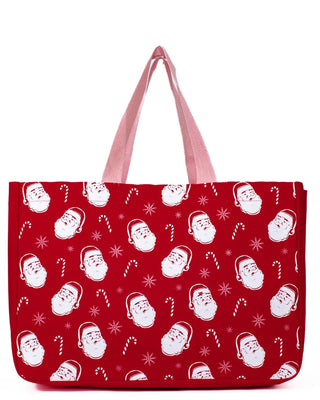 Red tote bag with white Santa Claus pattern on a white background