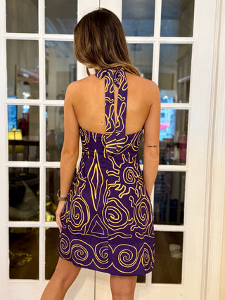 Abstract Purple Gold Halter Dress