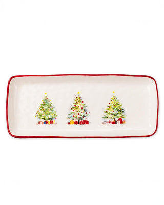 Rectangular ceramic tray with Christmas tree design on a white background