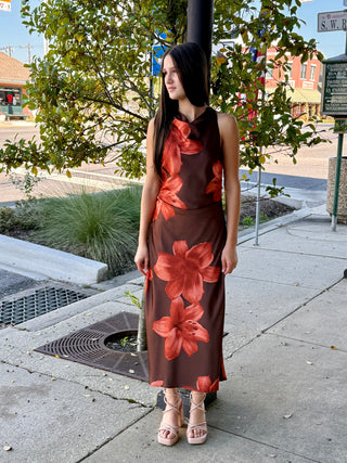 Floral Print Brown Rust Midi Dress