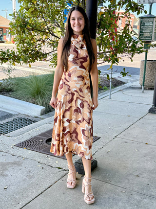 Brown Multi Fitted Midi Dress