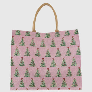 Tote bag with Christmas tree pattern on a pink background