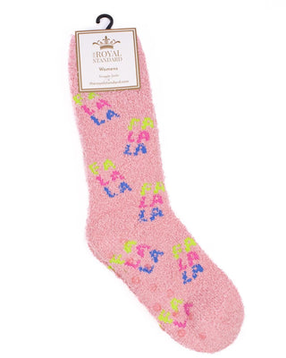 Pink fuzzy sock with colorful 'LA' text on a white background, branded 'Royal Standard'.