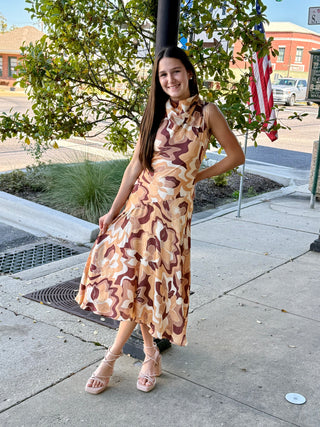 Brown Multi Fitted Midi Dress