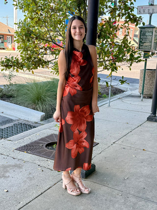 Floral Print Brown Rust Midi Dress
