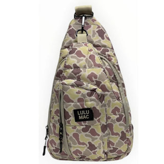 Camouflage patterned sling bag with LULU MAC logo on a white background