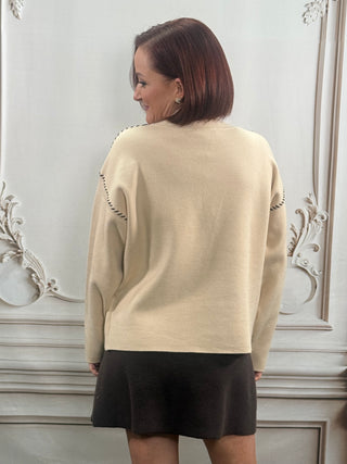 Beige Sweater W/Brown Piping