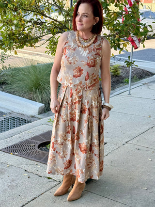 Maraux Taupe Rust Floral Skirt