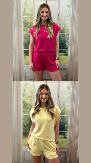 Two images of a person wearing pink and yellow outfits in front of a glass door.