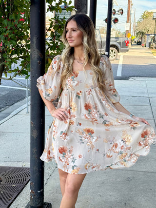 Nude Babydoll Floral Print Dress