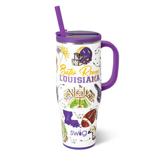 A white insulated travel tumbler with purple handle and lid details, featuring Louisiana football-themed graphics including a helmet, football, goalpost, and the words 'Baton Rouge' and 'Louisiana'.