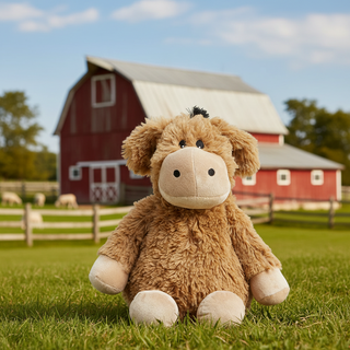 Plush toy donkey in front of a red barn on a sunny day