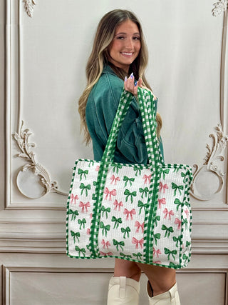White / Pink / Green Bow Tote