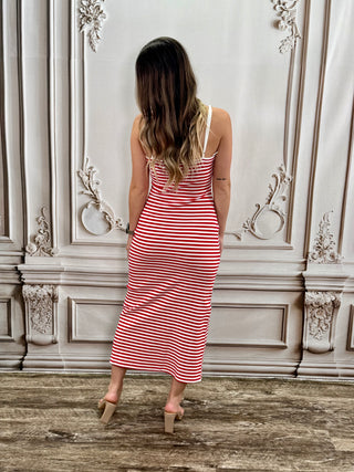Red White Stripe Midi Dress