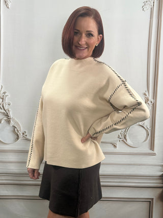 Beige Sweater W/Brown Piping