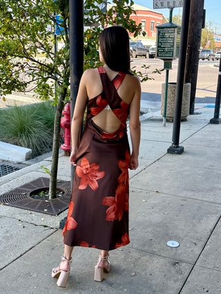 Floral Print Brown Rust Midi Dress