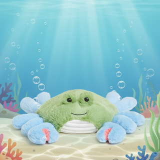 Plush crab toy in an underwater scene with bubbles and coral.