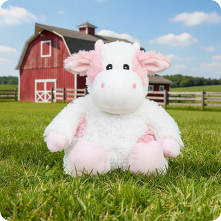 Pink and white plush cow on farm 