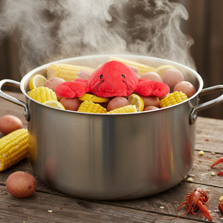 Stuffed lobster toy in a pot with vegetables on a wooden surface