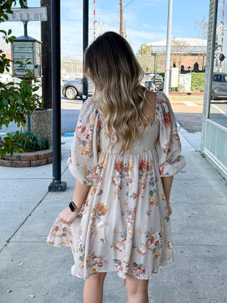 Nude Babydoll Floral Print Dress