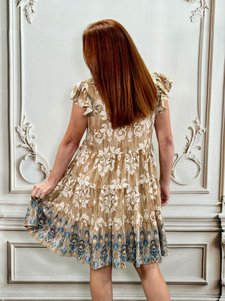 Vintage Print Mocha Tiered Dress