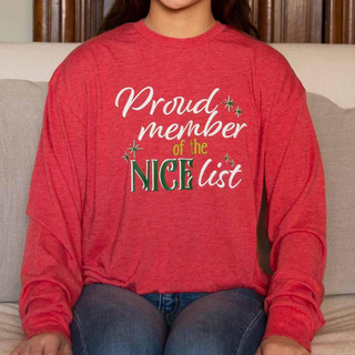 Person wearing a red sweatshirt with 'Proud member of the Nice list' text