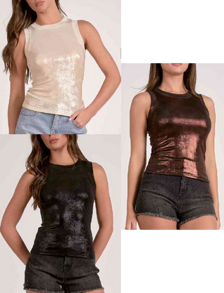three images of a woman wearing different colored sequin tank tops with denim shorts.