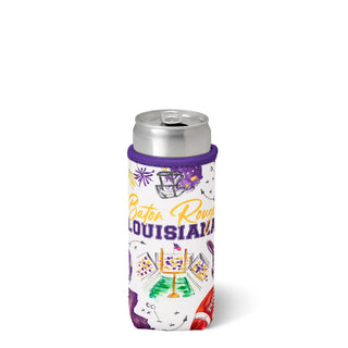 A silver aluminum can insulated in a white, purple, and gold Louisiana Baton Rouge themed can cooler sleeve, shown on a clean white background.
