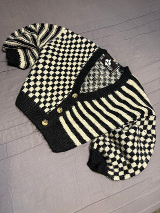 Black and cream checkered striped cardigan