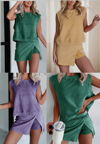 4 women each wearing a matching skirt set: purple, yellow and green.