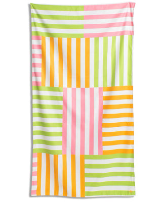 Colorful striped towel with green, pink, orange, and white pattern on a white background