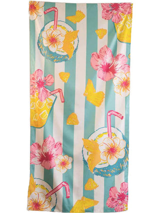 Towel with tropical design featuring drinks, flowers, and striped pattern.