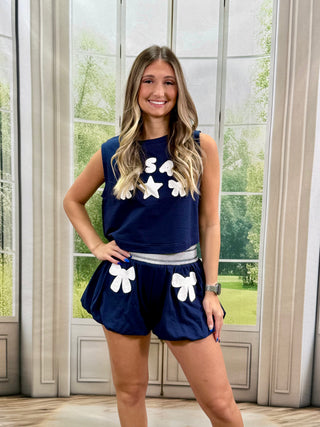 Bow Embroidered Navy Bubble Shorts