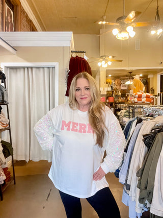 Merry White Sequin Sleeve Sweatshirt