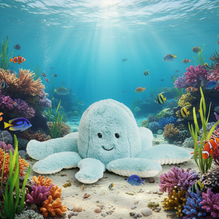Plush octopus toy in an underwater scene with colorful fish and coral.