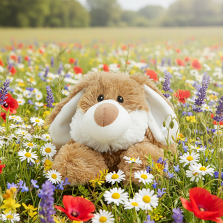 Plush rabbit toy in a field of colorful flowers