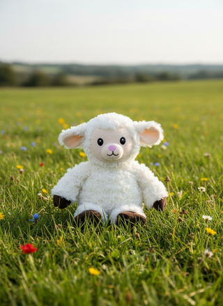 Stuffed lamb toy on a grassy field with flowers